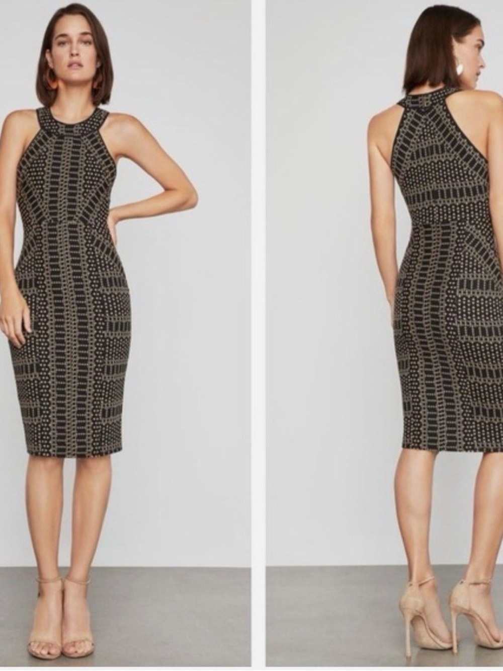 BCBGMaxAzria Black and Gold Sleeveless Midi Bodycon Dress